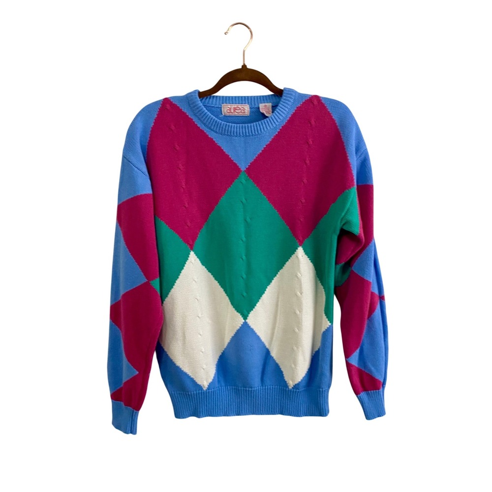Vintage Aurea Sweater Womens Medium M Colorblock Argyle Heavy Knit 80s Retro